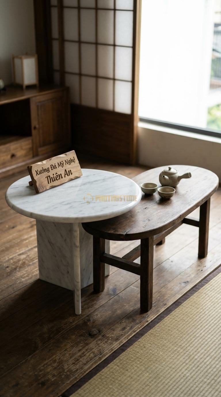 Bàn Trà Đa Tầng (Lồng ghép Đá & Gỗ) Đá Trắng Yên Bái Cặp Đôi Hoàn Hảo: 1 bàn đá cao tròn + 1 bàn gỗ thấp oval Đá: 60x45cm, Gỗ: 80x30cm