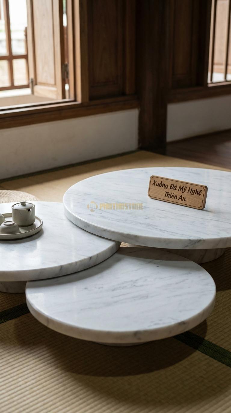 Bàn Trà Đa Tầng (Lồng ghép Đá & Gỗ) Đá Trắng Yên Bái Đồi Núi: 3 bàn tròn kích thước khác nhau mô phỏng địa hình Đường kính 40cm, 60cm, 80cm