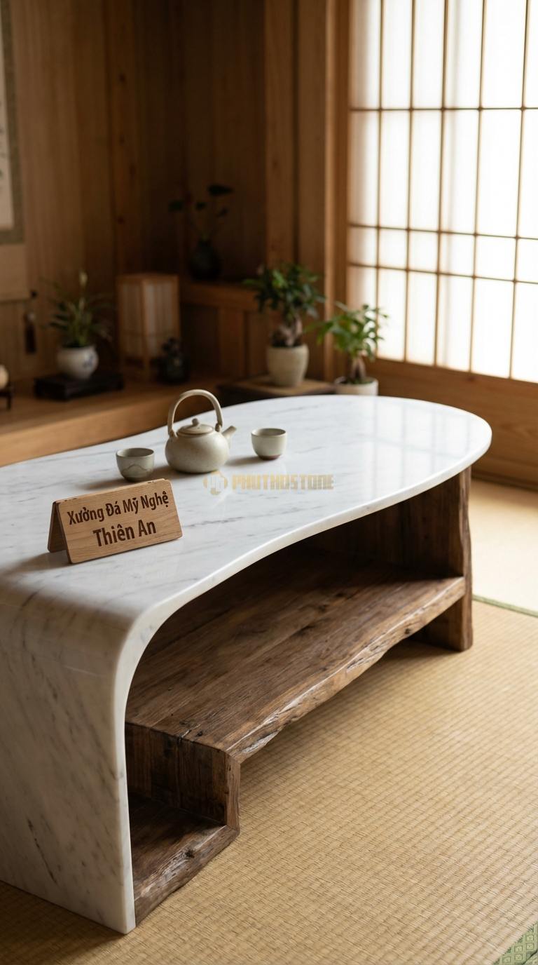 Bàn Trà Đa Tầng (Lồng ghép Đá & Gỗ) Đá Trắng Yên Bái Dòng Chảy: Mặt đá uốn lượn nối liền với kệ gỗ thấp phía dưới 140cm x 60cm x 40cm