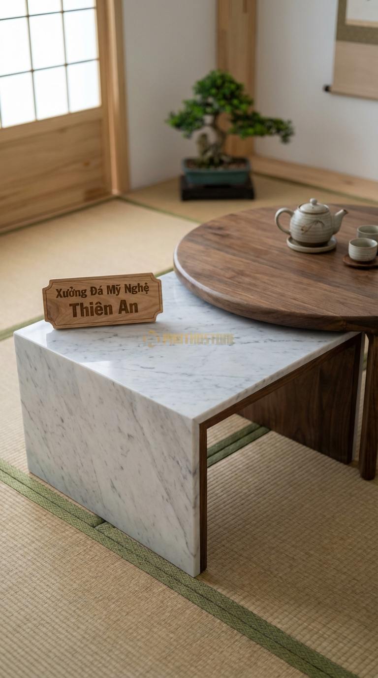 Bàn Trà Đa Tầng (Lồng ghép Đá & Gỗ) Đá Trắng Yên Bái Kết Tinh: Bàn đá hình vuông và bàn gỗ hình tròn lồng vào nhau Vuông: 60cm, Tròn: 80cm