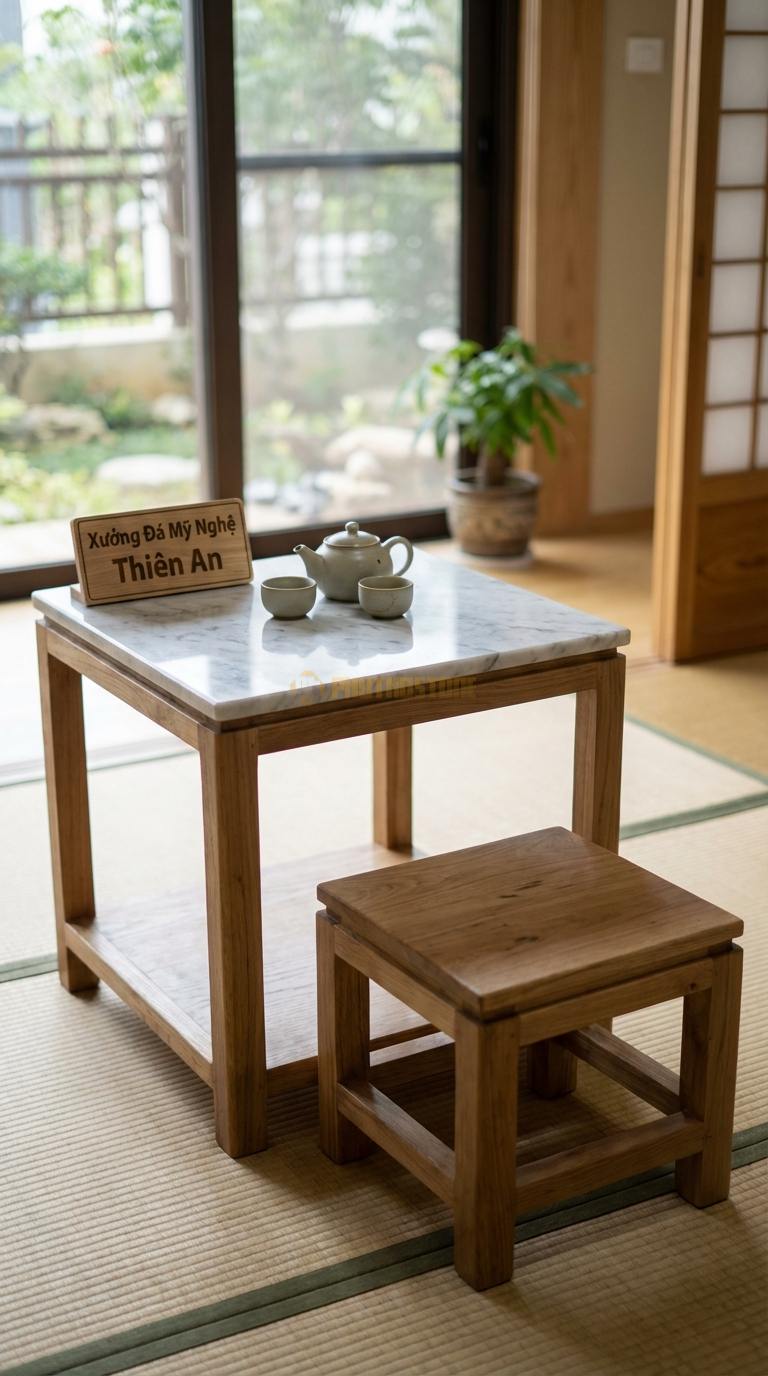 Bàn Trà Đa Tầng (Lồng ghép Đá & Gỗ) Đá Trắng Yên Bái Mộc Miên: Bàn chân gỗ cao mặt đá kết hợp đôn gỗ thấp cạnh bên Cao: 50cm, Thấp: 25cm