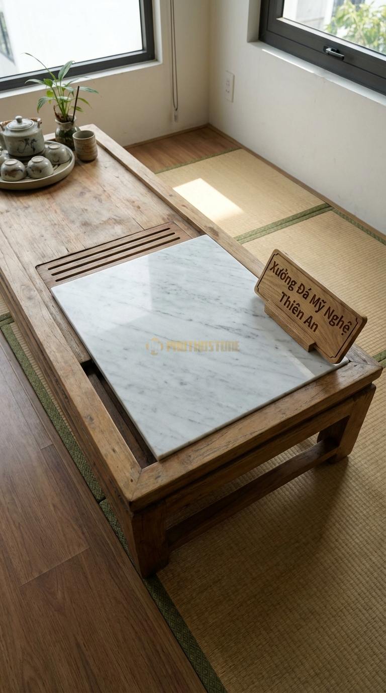 Bàn Trà Đa Tầng (Lồng ghép Đá & Gỗ) Đá Trắng Yên Bái Sự Tiếp Nối: Bàn gỗ lớn xẻ rãnh để bàn đá nhỏ trượt vào bên trong Gỗ: 100x35cm, Đá: 50x40cm