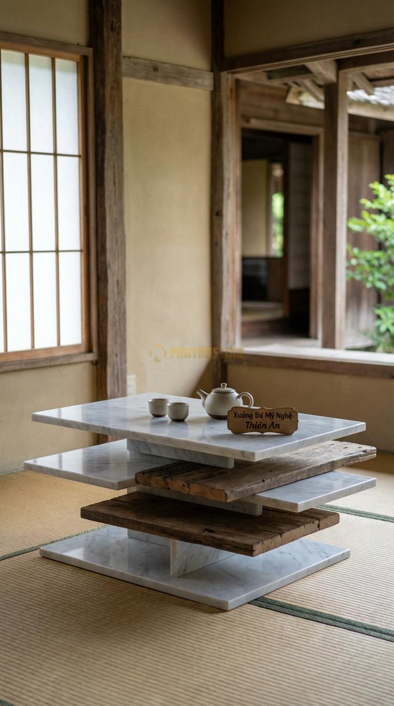 Bàn Trà Đa Tầng (Lồng ghép Đá & Gỗ) Đá Trắng Yên Bái Xếp Chồng: Các phiến đá và gỗ phẳng xếp lệch tầng trên trục gỗ 90cm x 60cm x 45cm