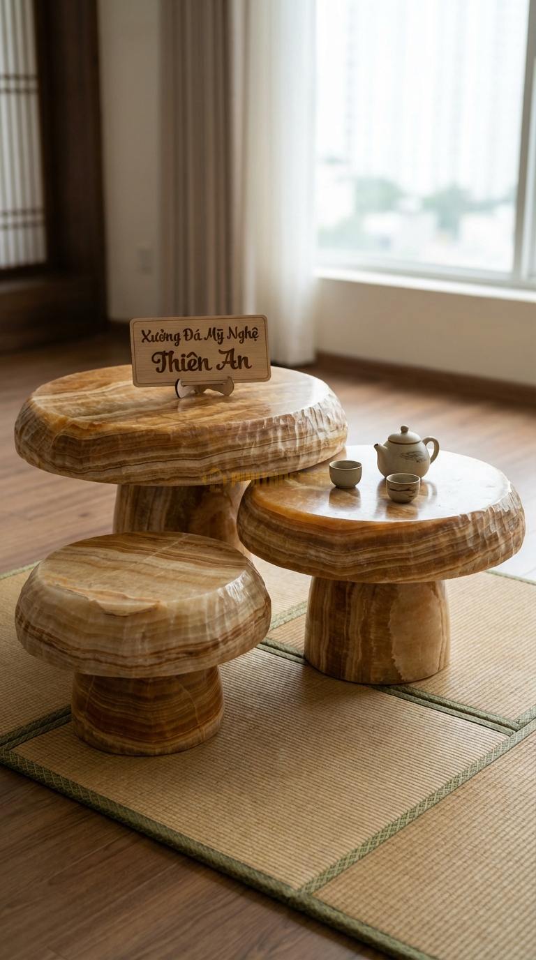 Bàn Trà Đa Tầng (Lồng ghép Đá & Gỗ) Đá Vân Gỗ Đồi Núi: 3 bàn tròn kích thước khác nhau mô phỏng địa hình Đường kính 40cm, 60cm, 80cm