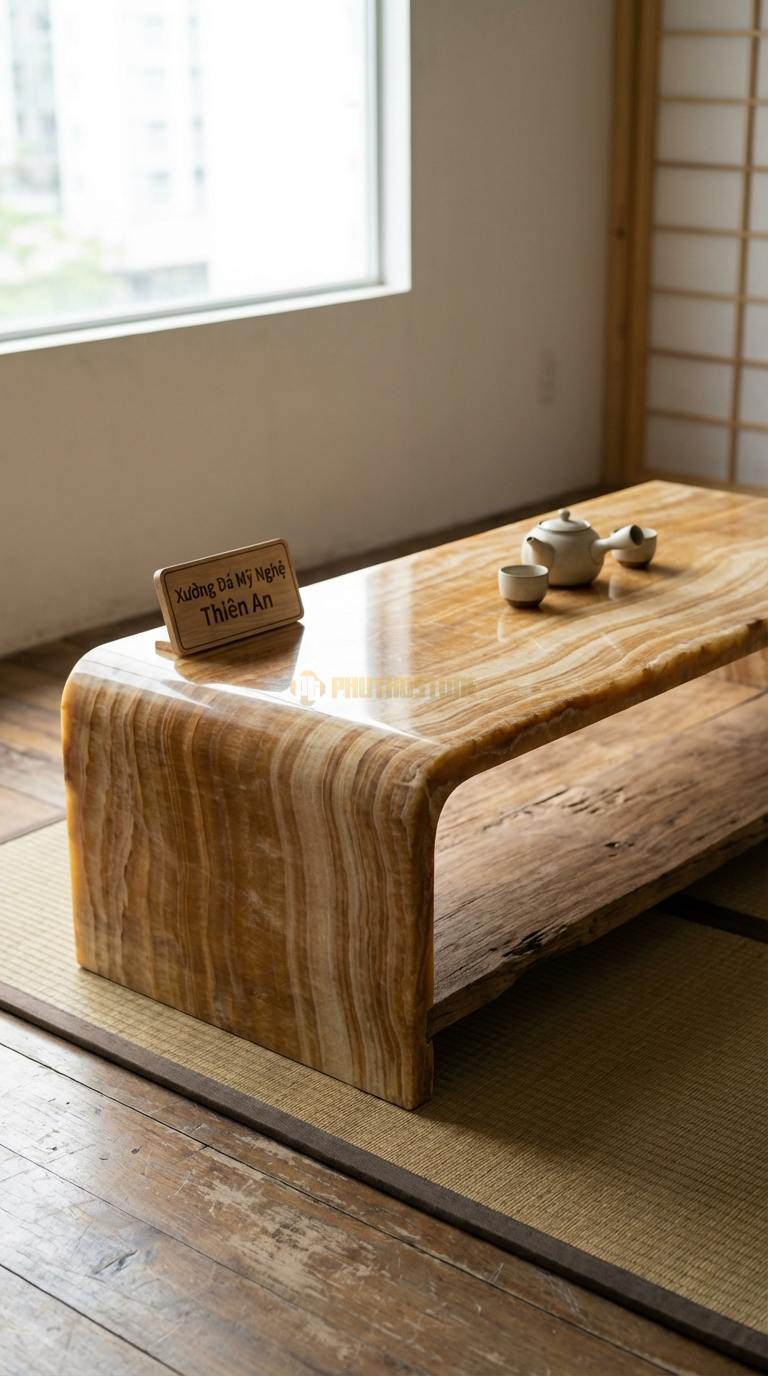 Bàn Trà Đa Tầng (Lồng ghép Đá & Gỗ) Đá Vân Gỗ Dòng Chảy: Mặt đá uốn lượn nối liền với kệ gỗ thấp phía dưới 140cm x 60cm x 40cm