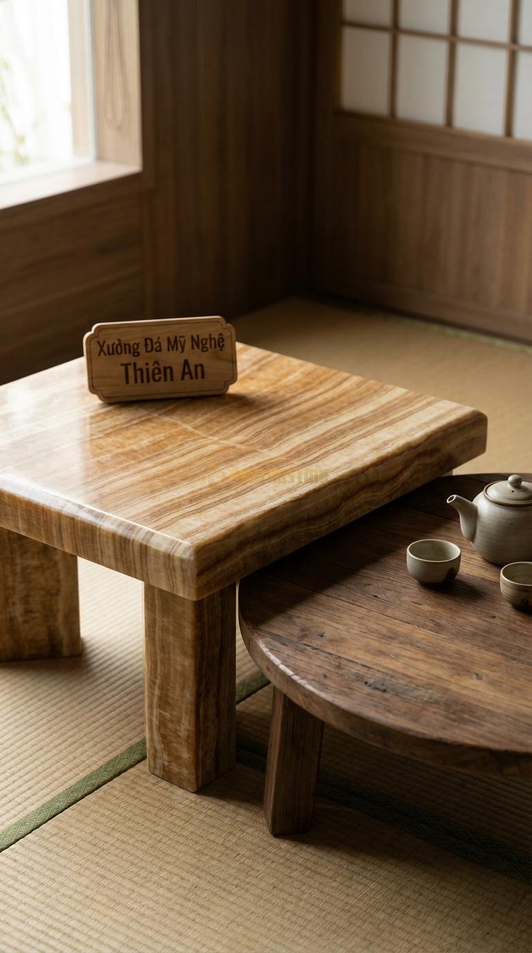 Bàn Trà Đa Tầng (Lồng ghép Đá & Gỗ) Đá Vân Gỗ Kết Tinh: Bàn đá hình vuông và bàn gỗ hình tròn lồng vào nhau Vuông: 60cm, Tròn: 80cm