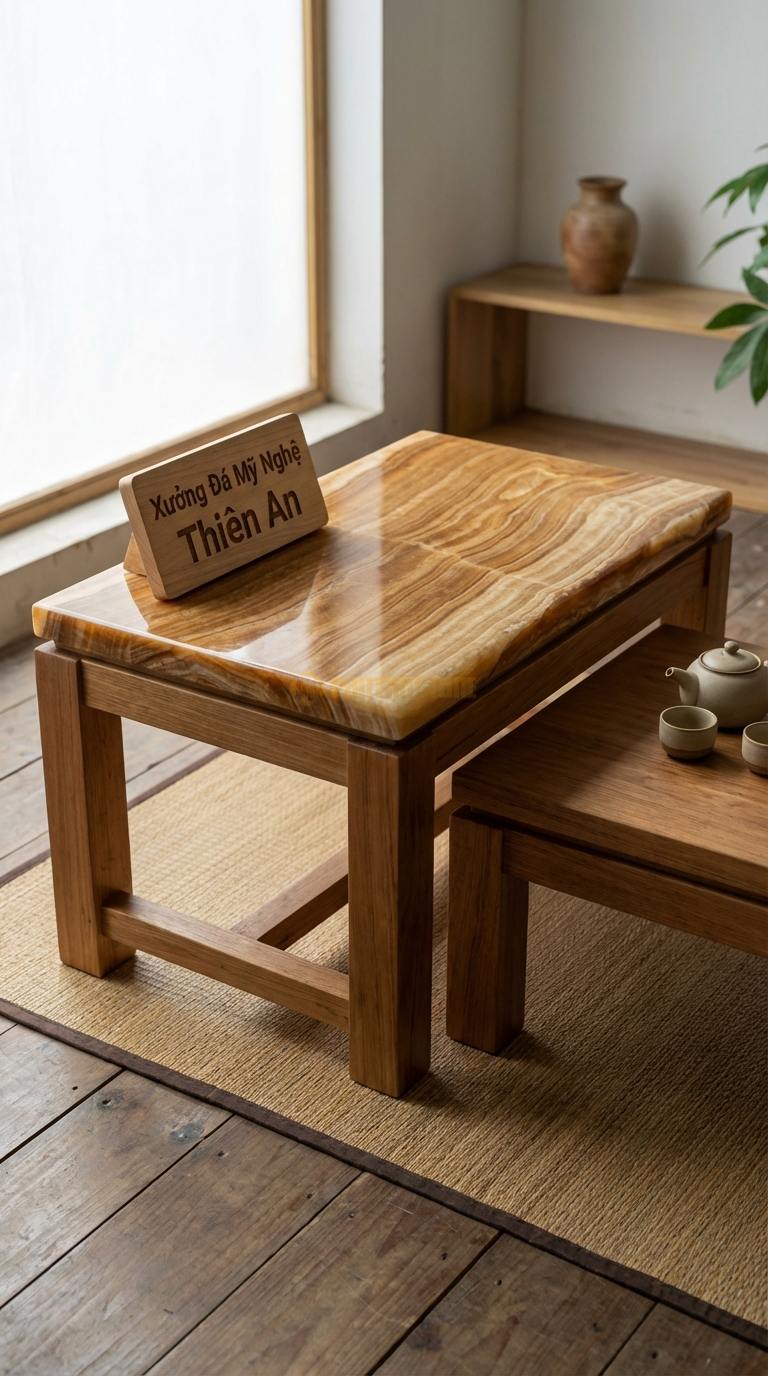 Bàn Trà Đa Tầng (Lồng ghép Đá & Gỗ) Đá Vân Gỗ Mộc Miên: Bàn chân gỗ cao mặt đá kết hợp đôn gỗ thấp cạnh bên Cao: 50cm, Thấp: 25cm