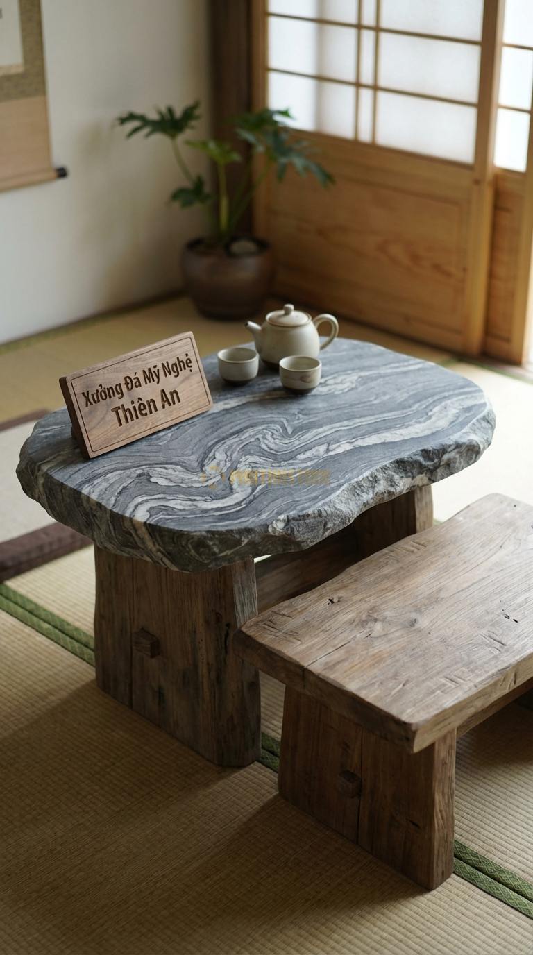 Bàn Trà Đa Tầng (Lồng ghép Đá & Gỗ) Đá Vân Mây Mộc Miên: Bàn chân gỗ cao mặt đá kết hợp đôn gỗ thấp cạnh bên Cao: 50cm, Thấp: 25cm