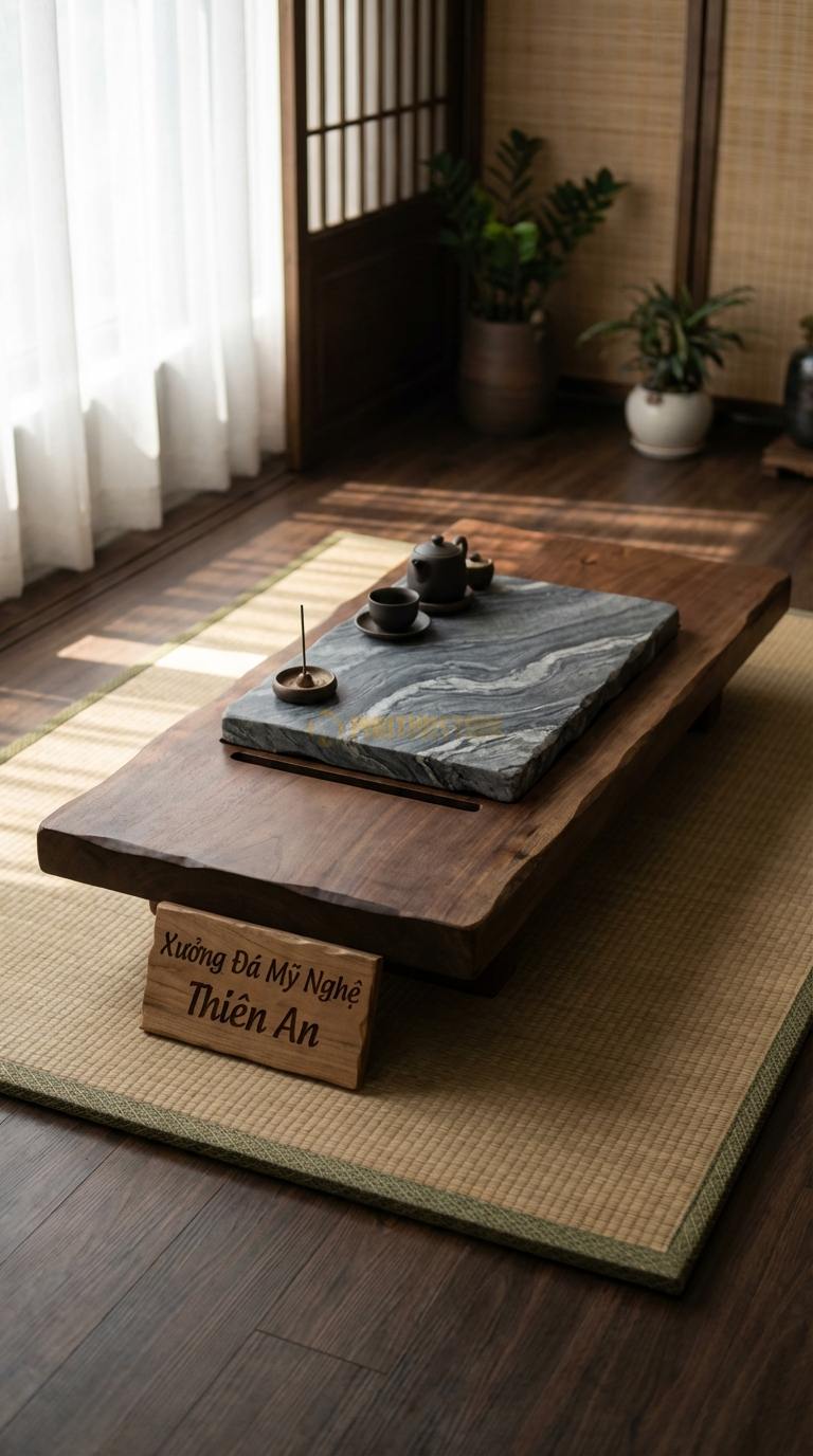 Bàn Trà Đa Tầng (Lồng ghép Đá & Gỗ) Đá Vân Mây Sự Tiếp Nối: Bàn gỗ lớn xẻ rãnh để bàn đá nhỏ trượt vào bên trong Gỗ: 100x35cm, Đá: 50x40cm