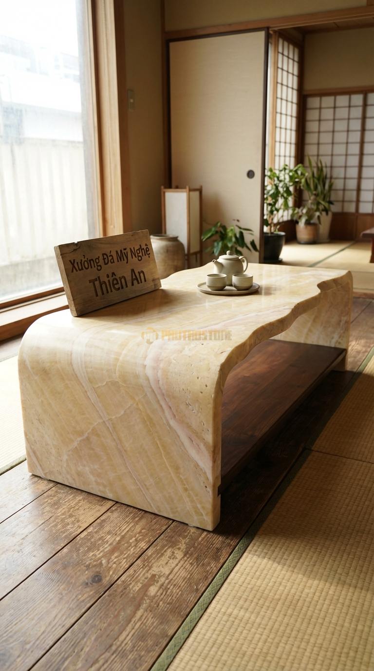 Bàn Trà Đa Tầng (Lồng ghép Đá & Gỗ) Đá Vàng Nghệ An Dòng Chảy: Mặt đá uốn lượn nối liền với kệ gỗ thấp phía dưới 140cm x 60cm x 40cm
