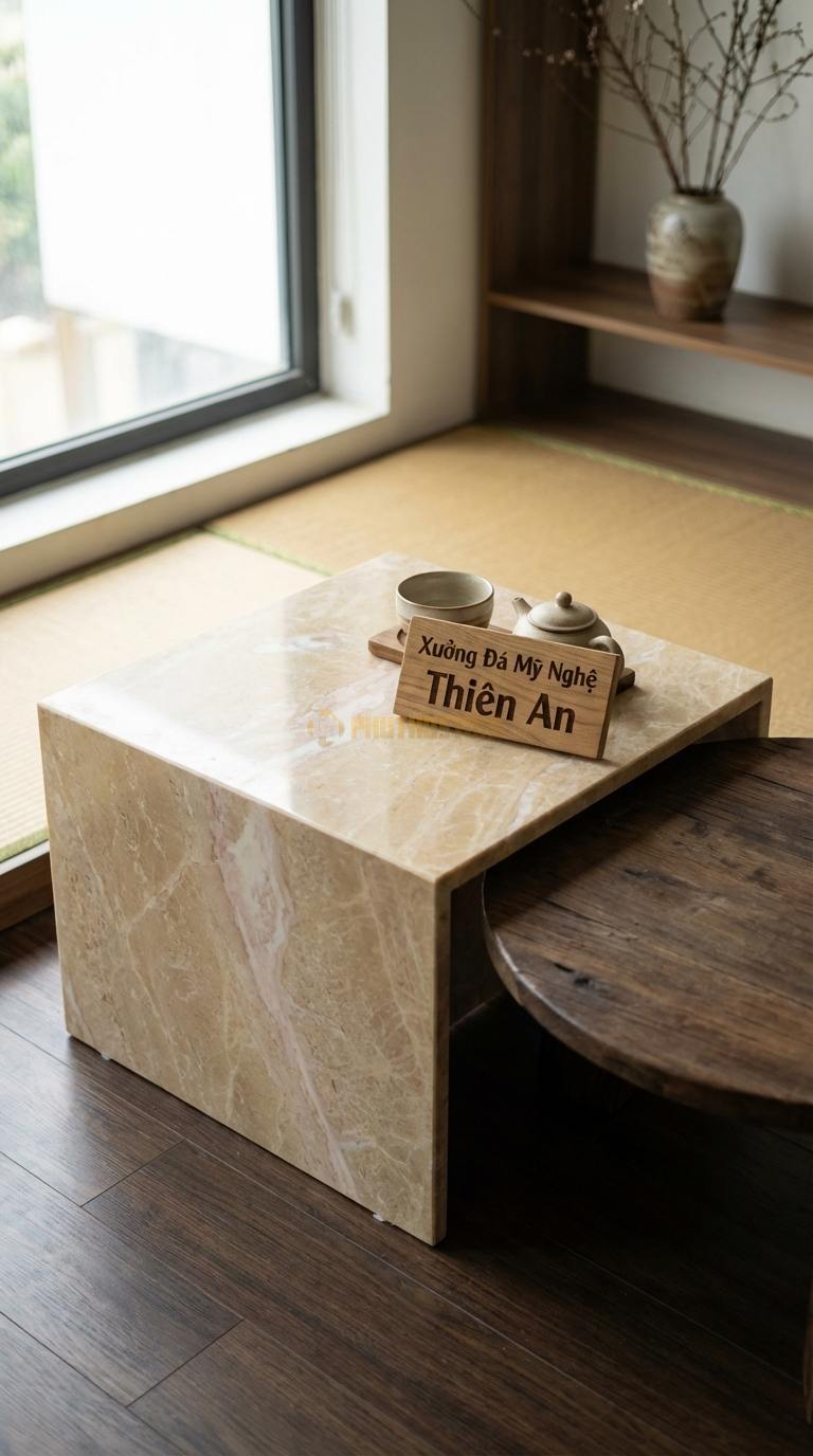 Bàn Trà Đa Tầng (Lồng ghép Đá & Gỗ) Đá Vàng Nghệ An Kết Tinh: Bàn đá hình vuông và bàn gỗ hình tròn lồng vào nhau Vuông: 60cm, Tròn: 80cm
