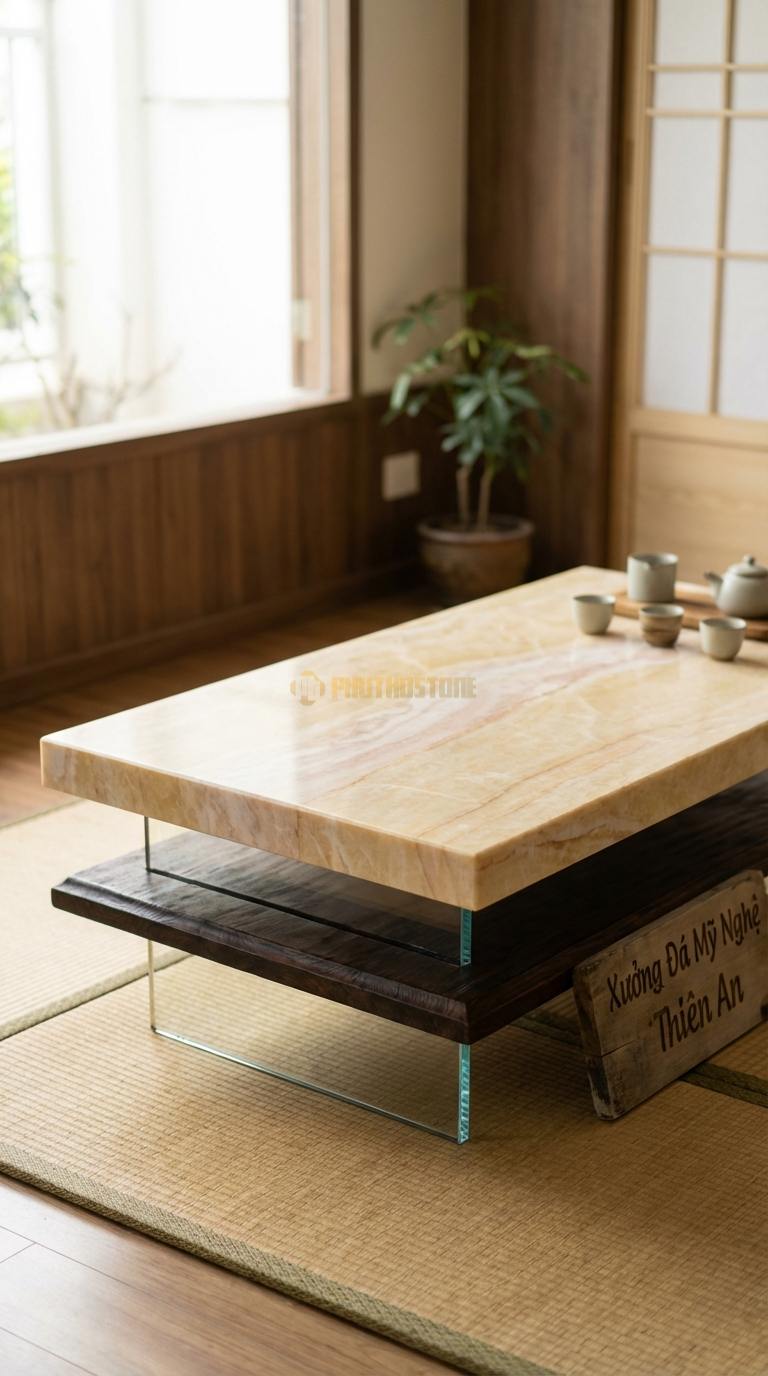 Bàn Trà Đa Tầng (Lồng ghép Đá & Gỗ) Đá Vàng Nghệ An Vô Hình: Sự kết hợp giữa đá, gỗ và chân kính cường lực tạo vẻ lơ lửng 110cm x 70cm x 35cm