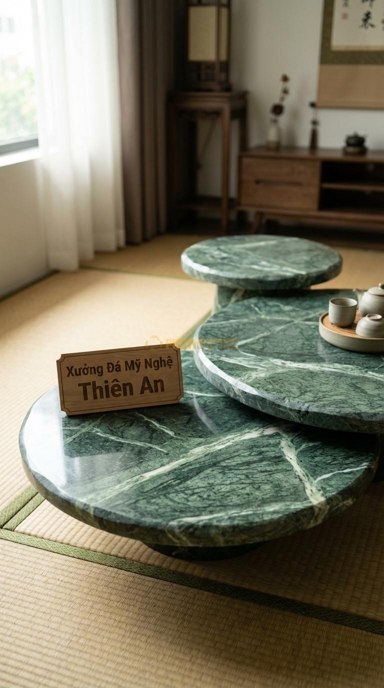 Bàn Trà Đa Tầng (Lồng ghép Đá & Gỗ) Đá Xanh Ấn Đồi Núi: 3 bàn tròn kích thước khác nhau mô phỏng địa hình Đường kính 40cm, 60cm, 80cm