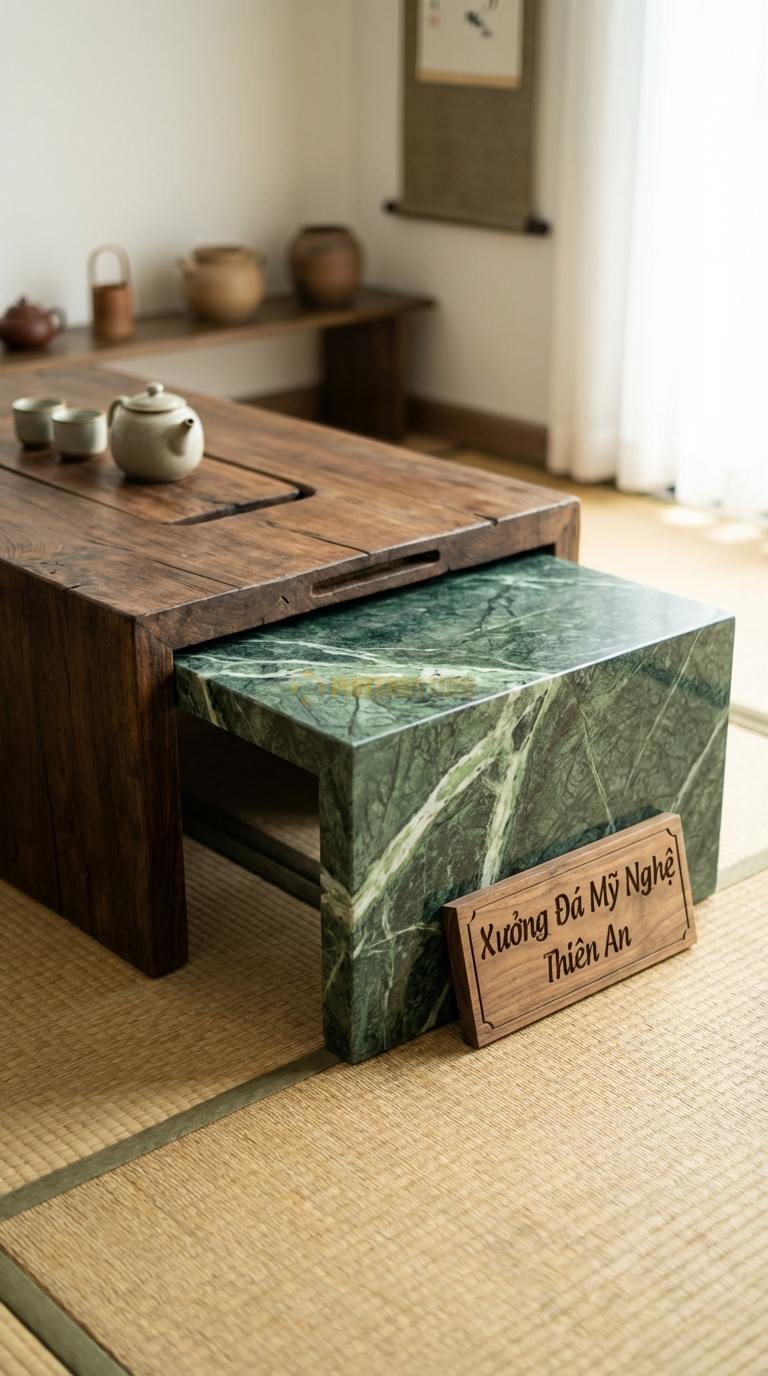 Bàn Trà Đa Tầng (Lồng ghép Đá & Gỗ) Đá Xanh Ấn Sự Tiếp Nối: Bàn gỗ lớn xẻ rãnh để bàn đá nhỏ trượt vào bên trong Gỗ: 100x35cm, Đá: 50x40cm