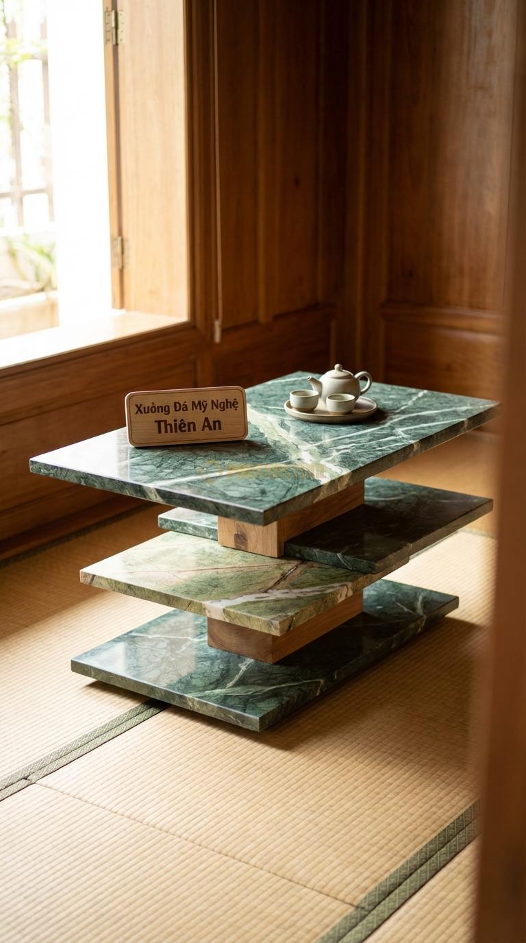 Bàn Trà Đa Tầng (Lồng ghép Đá & Gỗ) Đá Xanh Ấn Xếp Chồng: Các phiến đá và gỗ phẳng xếp lệch tầng trên trục gỗ 90cm x 60cm x 45cm