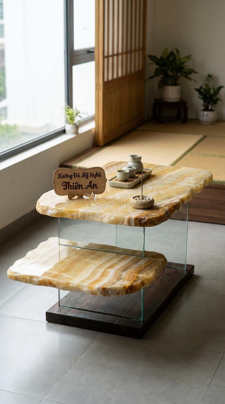 Bàn Trà Đa Tầng (Lồng ghép Đá & Gỗ) Ngọc hoàng long Vô Hình: Sự kết hợp giữa đá, gỗ và chân kính cường lực tạo vẻ lơ lửng 110cm x 70cm x 35cm