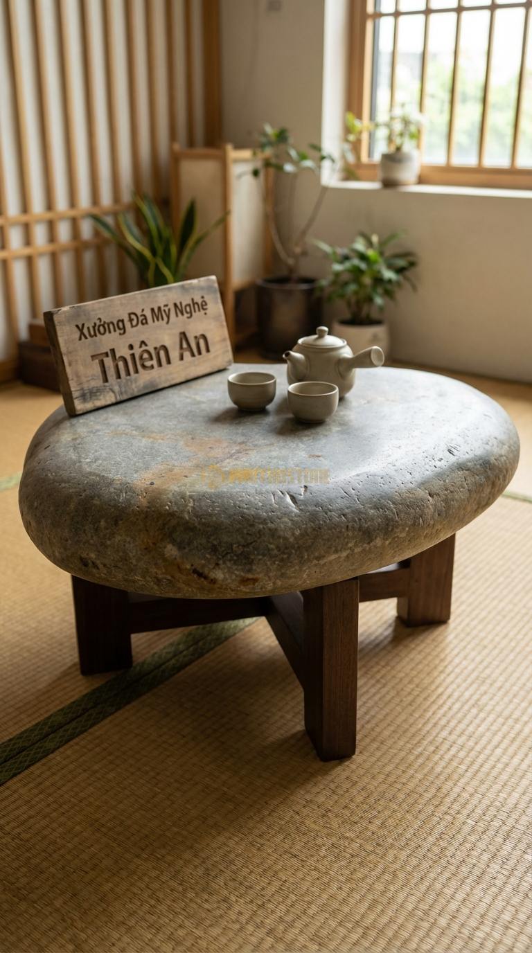 Bàn Trà Mặt Đá Chân Gỗ Tối Giản Đá Cuội Cánh Hoa Mộc: Mặt đá tạo hình 5 cánh bo tròn, chân gỗ thấp Đường kính 85cm x 32cm