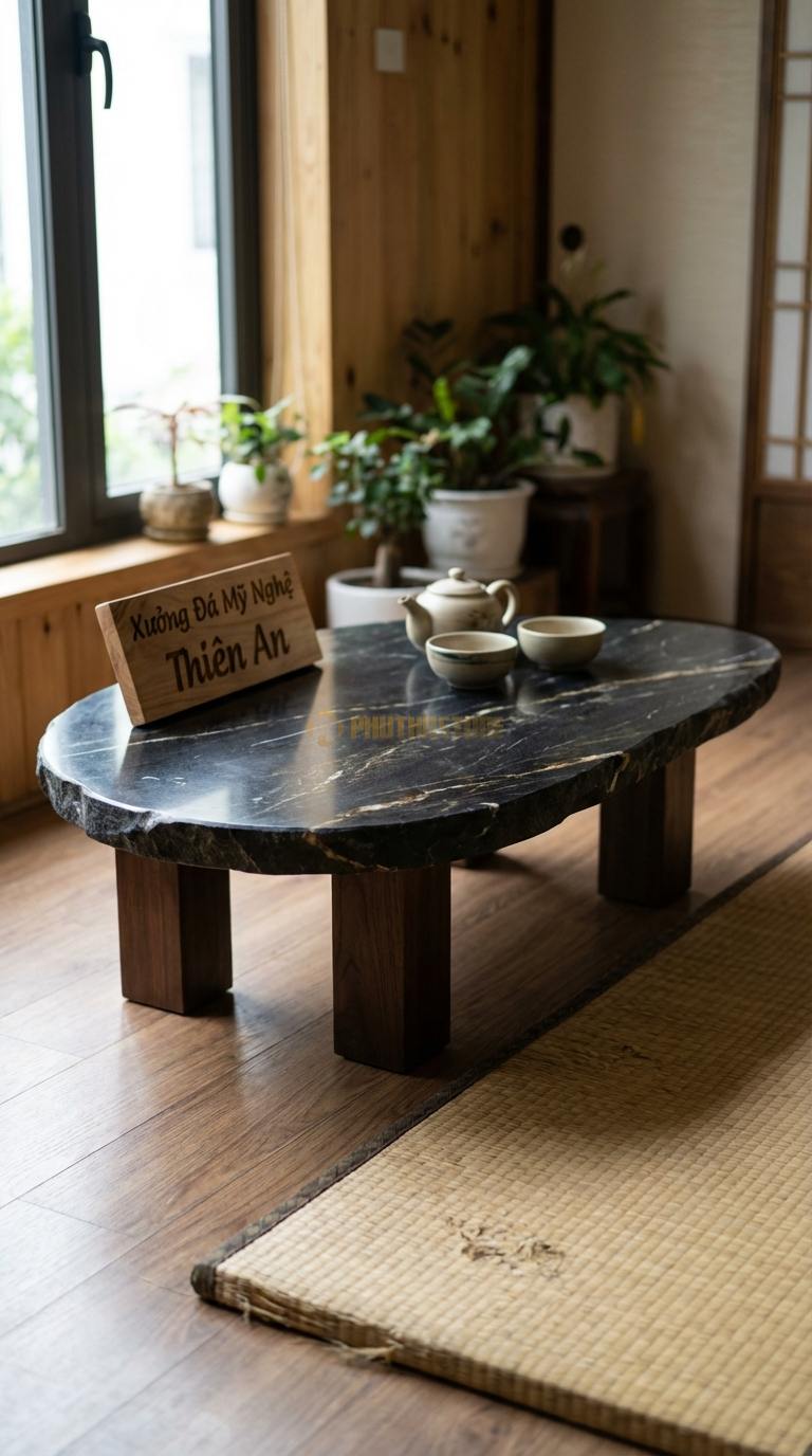 Bàn Trà Mặt Đá Chân Gỗ Tối Giản Đá Đen Chỉ Nâu Giọt Sương: Hình dáng giọt nước không đối xứng, mặt đá mài mịn 100cm x 70cm x 38cm