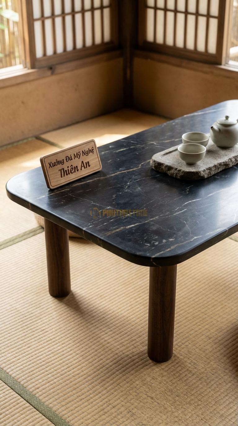 Bàn Trà Mặt Đá Chân Gỗ Tối Giản Đá Đen Chỉ Nâu Thiền Định: Mặt đá chữ nhật bo góc cực mềm, 4 chân gỗ trụ tròn 120cm x 60cm x 35cm