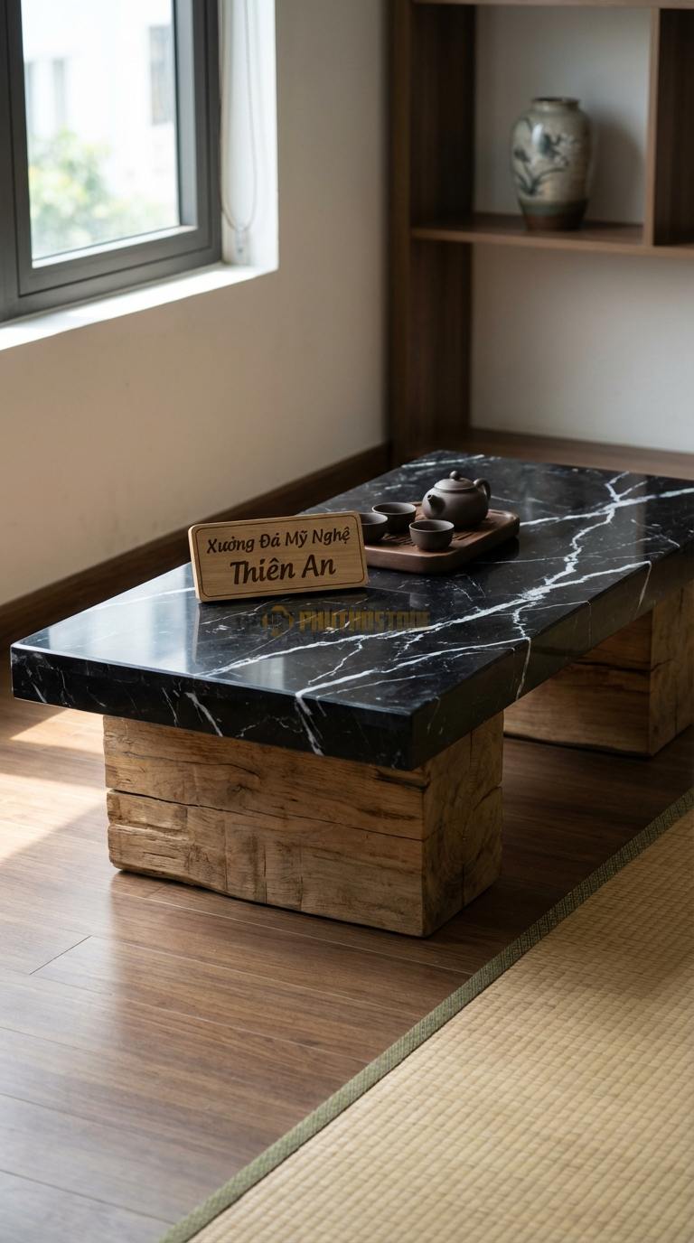 Bàn Trà Mặt Đá Chân Gỗ Tối Giản Đá Đen Tia Chớp Tối Giản: Một tấm đá phẳng đặt trực tiếp lên hai khối gỗ vuông lớn 120cm x 60cm x 30cm
