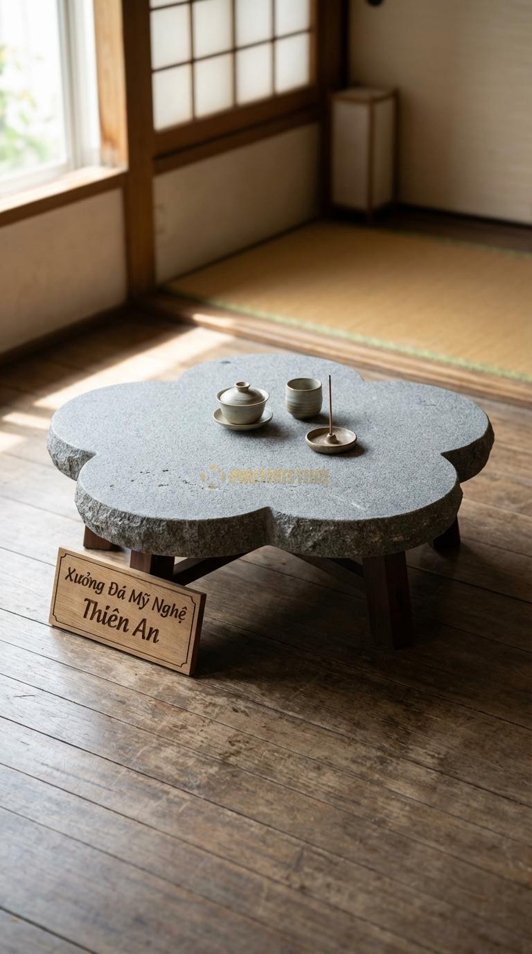 Bàn Trà Mặt Đá Chân Gỗ Tối Giản Đá Granite Cánh Hoa Mộc: Mặt đá tạo hình 5 cánh bo tròn, chân gỗ thấp Đường kính 85cm x 32cm