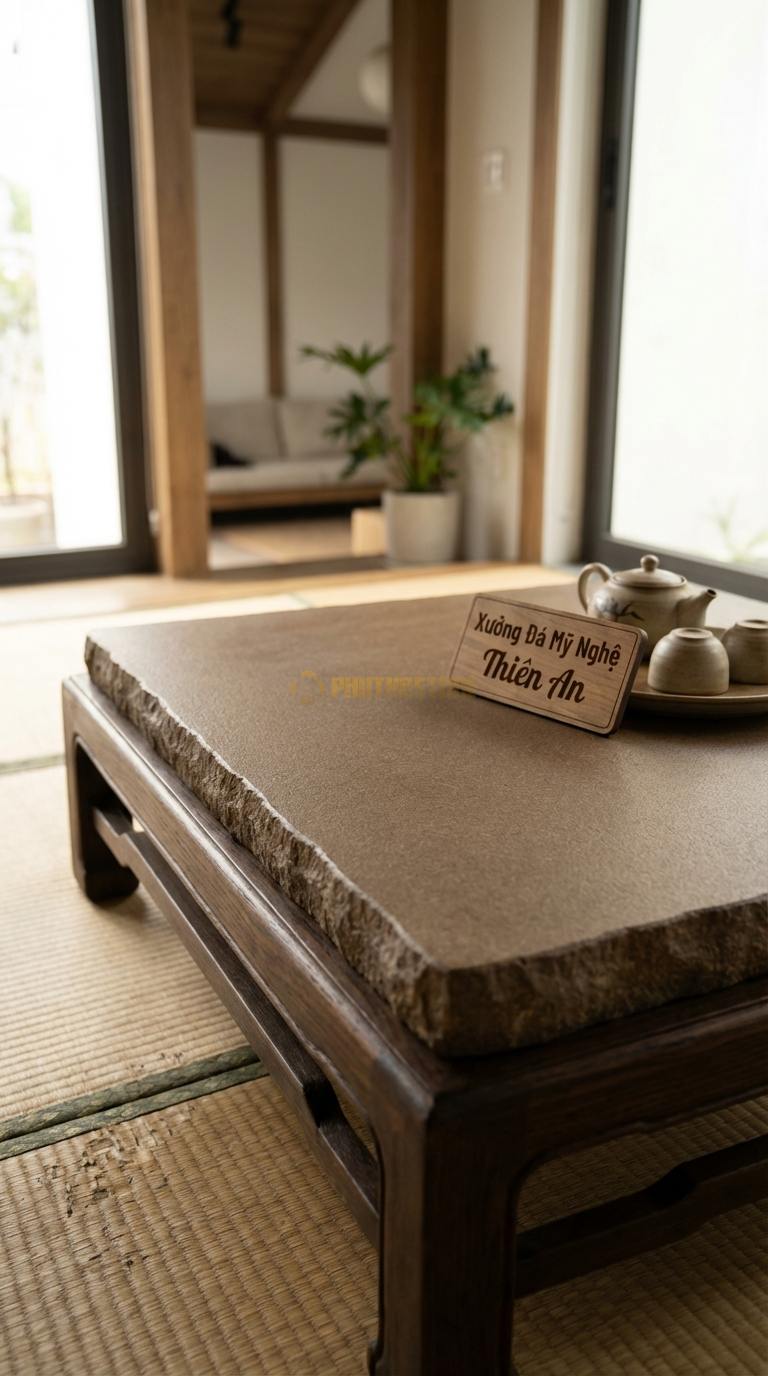 Bàn Trà Mặt Đá Chân Gỗ Tối Giản Đá Granite Hơi Thở Đất: Mặt đá màu nâu đất, họa tiết băm thủ công trên viền gỗ 100cm x 100cm x 35cm
