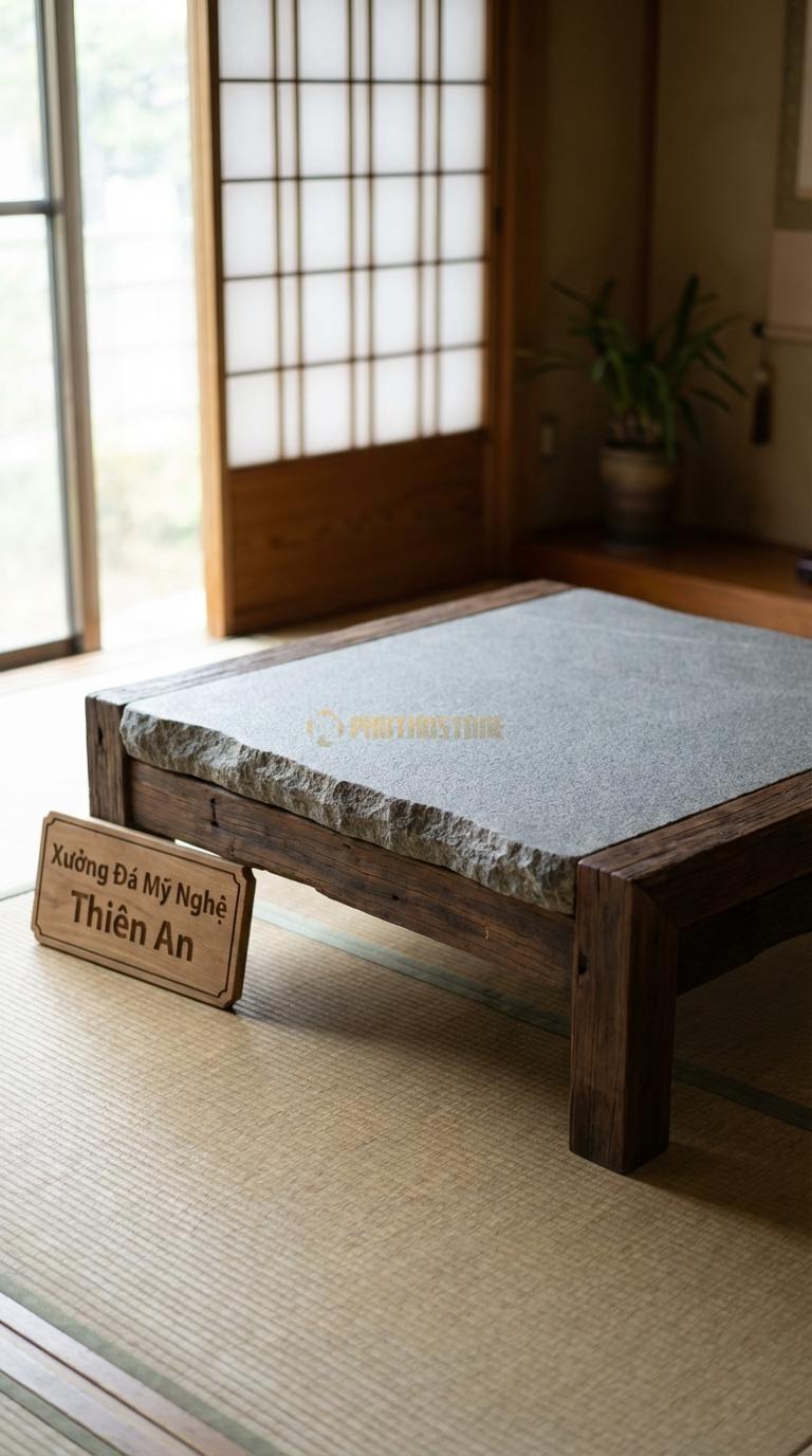Bàn Trà Mặt Đá Chân Gỗ Tối Giản Đá Granite Mộc Thạch: Mặt đá đẽo gọt thô sơ viền quanh bởi khung gỗ tự nhiên 95cm x 95cm x 34cm