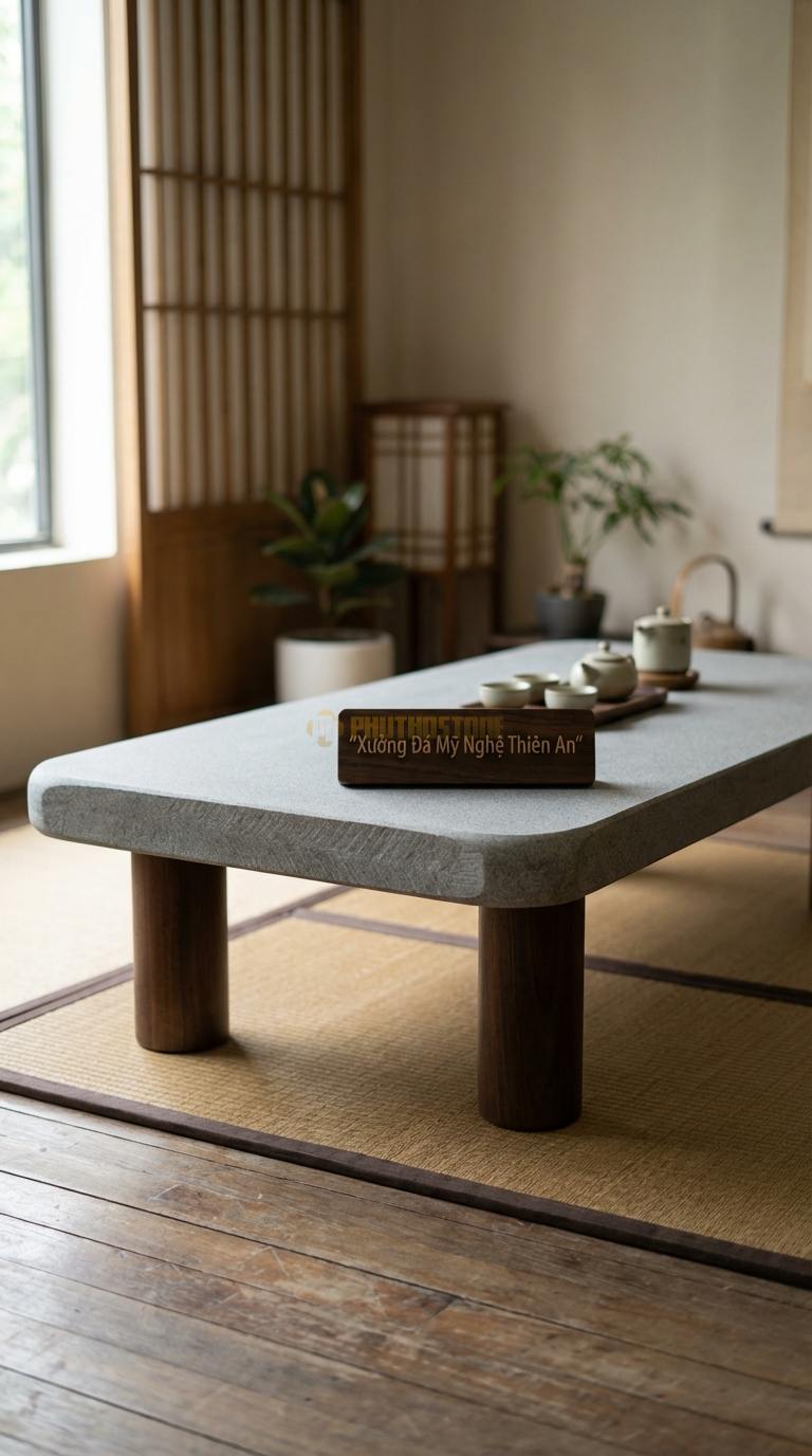 Bàn Trà Mặt Đá Chân Gỗ Tối Giản Đá Granite Thiền Định: Mặt đá chữ nhật bo góc cực mềm, 4 chân gỗ trụ tròn 120cm x 60cm x 35cm