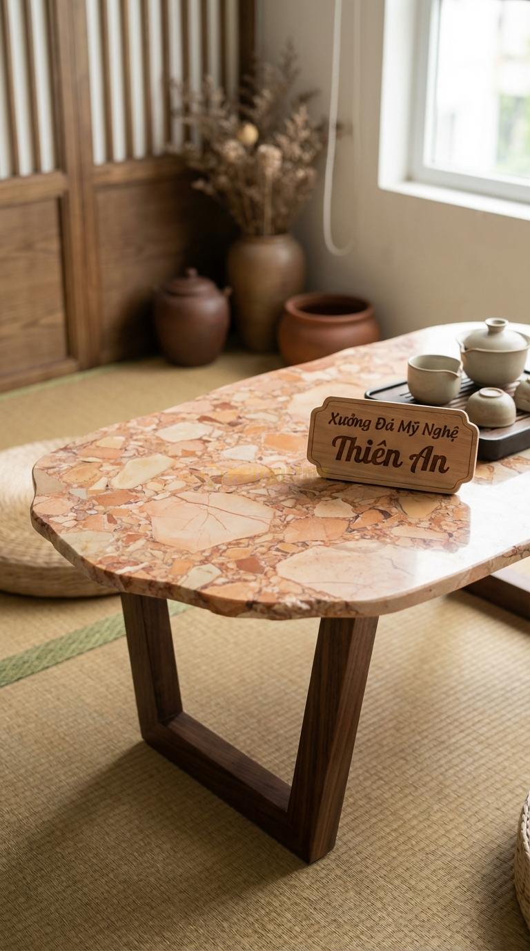 Bàn Trà Mặt Đá Chân Gỗ Tối Giản Đá Hồng Bình Yên: Mặt đá mỏng kết hợp chân gỗ hình chữ V tối giản 110cm x 55cm x 42cm