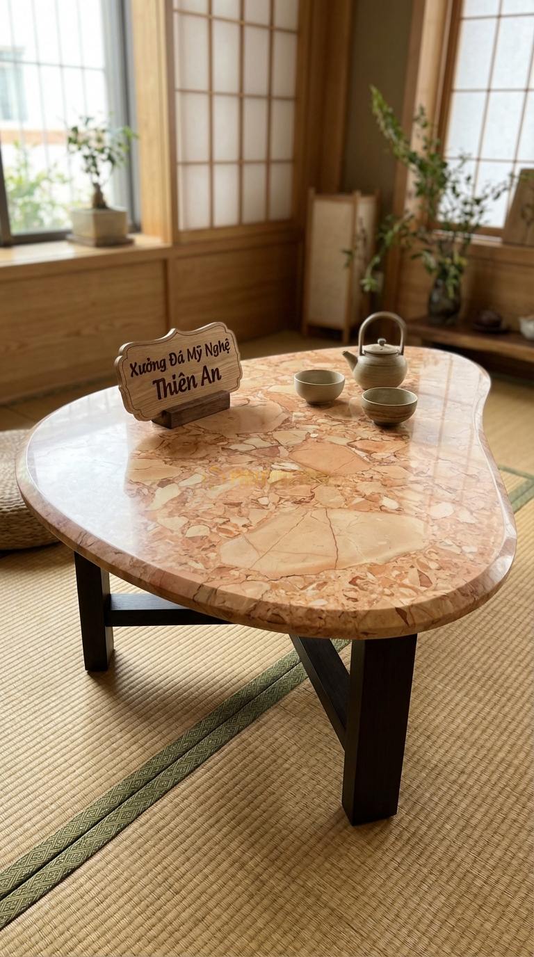 Bàn Trà Mặt Đá Chân Gỗ Tối Giản Đá Hồng Giọt Sương: Hình dáng giọt nước không đối xứng, mặt đá mài mịn 100cm x 70cm x 38cm