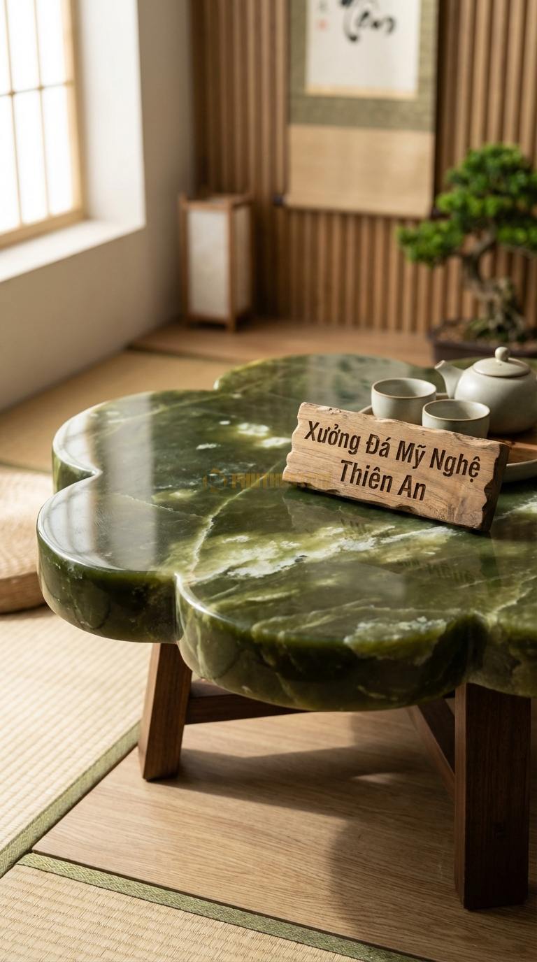 Bàn Trà Mặt Đá Chân Gỗ Tối Giản Đá Serpentine Cánh Hoa Mộc: Mặt đá tạo hình 5 cánh bo tròn, chân gỗ thấp Đường kính 85cm x 32cm