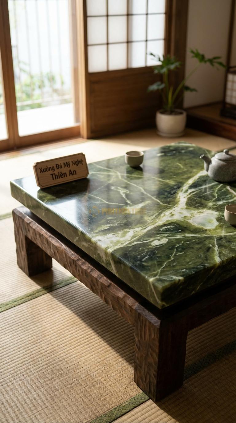 Bàn Trà Mặt Đá Chân Gỗ Tối Giản Đá Serpentine Hơi Thở Đất: Mặt đá màu nâu đất, họa tiết băm thủ công trên viền gỗ 100cm x 100cm x 35cm