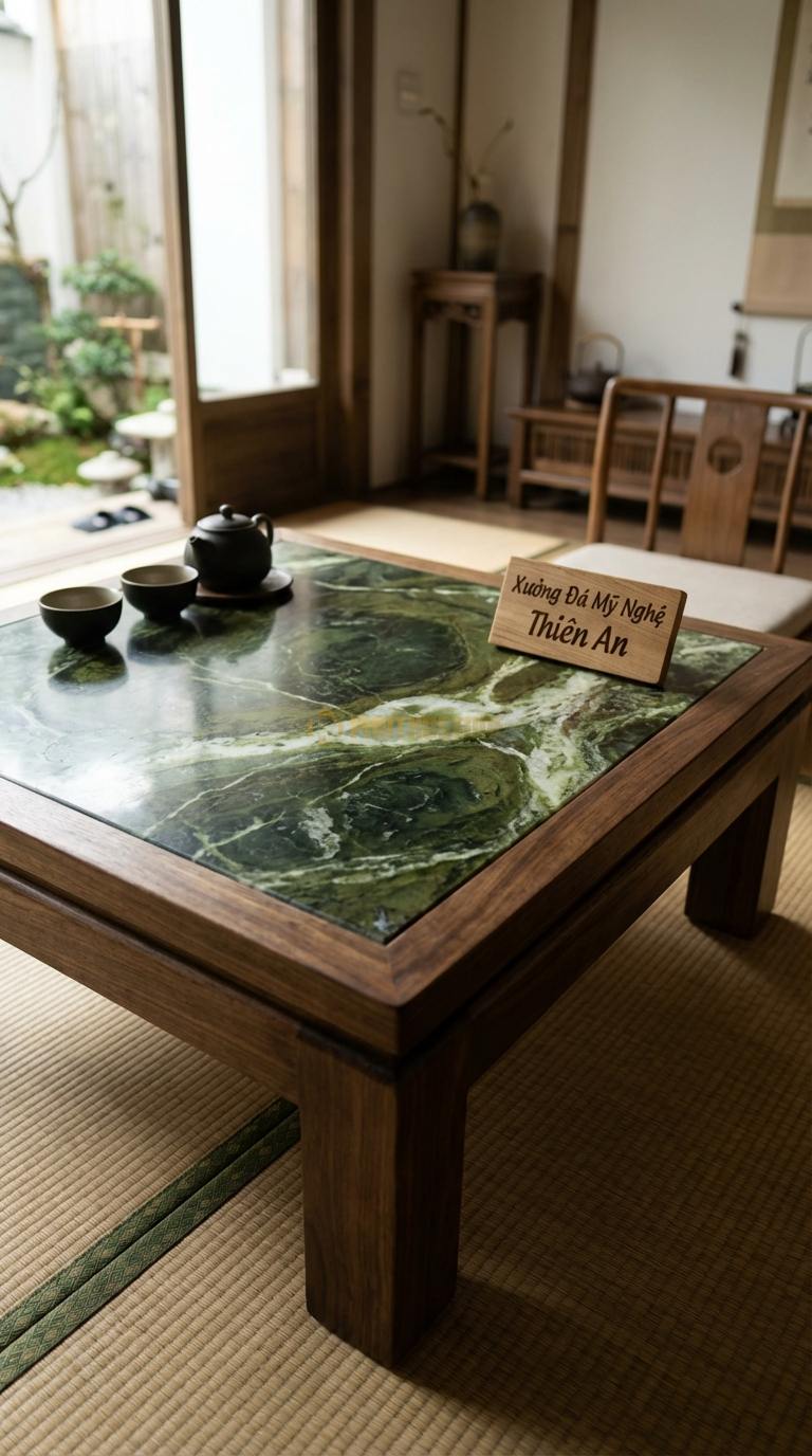 Bàn Trà Mặt Đá Chân Gỗ Tối Giản Đá Serpentine Mộc Thạch: Mặt đá đẽo gọt thô sơ viền quanh bởi khung gỗ tự nhiên 95cm x 95cm x 34cm
