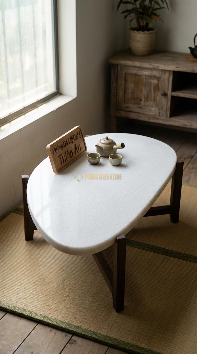 Bàn Trà Mặt Đá Chân Gỗ Tối Giản Đá Trắng Muối Giọt Sương: Hình dáng giọt nước không đối xứng, mặt đá mài mịn 100cm x 70cm x 38cm