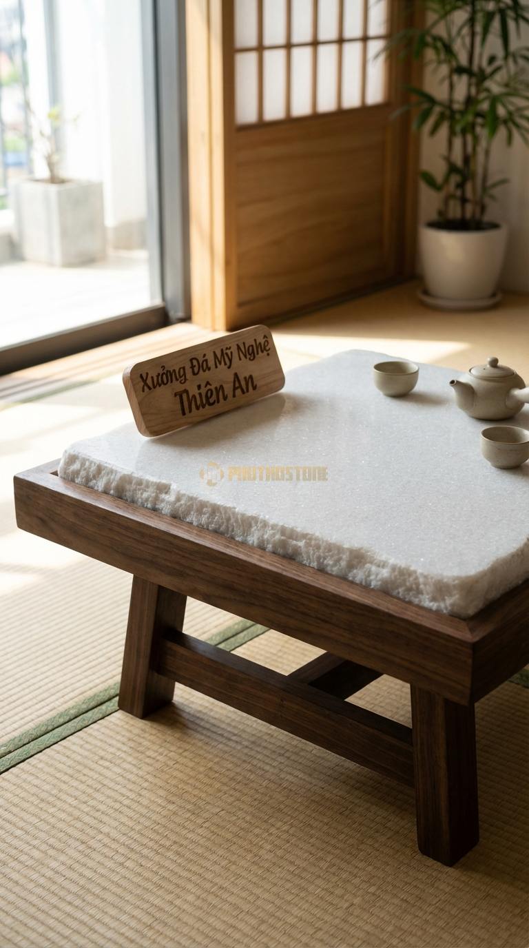 Bàn Trà Mặt Đá Chân Gỗ Tối Giản Đá Trắng Muối Mộc Thạch: Mặt đá đẽo gọt thô sơ viền quanh bởi khung gỗ tự nhiên 95cm x 95cm x 34cm