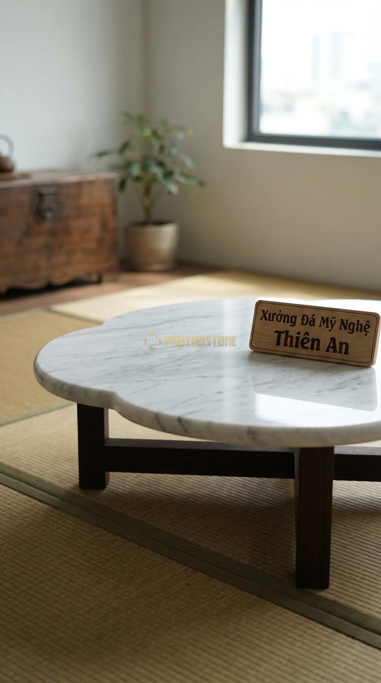 Bàn Trà Mặt Đá Chân Gỗ Tối Giản Đá Trắng Yên Bái Cánh Hoa Mộc: Mặt đá tạo hình 5 cánh bo tròn, chân gỗ thấp Đường kính 85cm x 32cm