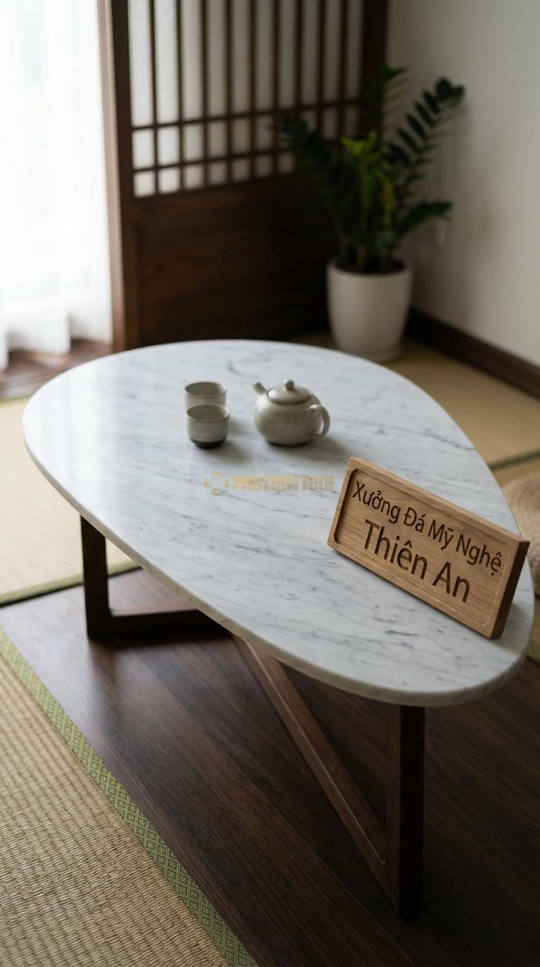 Bàn Trà Mặt Đá Chân Gỗ Tối Giản Đá Trắng Yên Bái Giọt Sương: Hình dáng giọt nước không đối xứng, mặt đá mài mịn 100cm x 70cm x 38cm