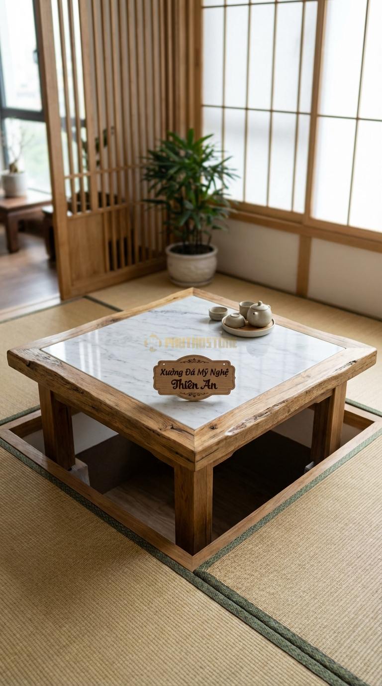 Bàn Trà Mặt Đá Chân Gỗ Tối Giản Đá Trắng Yên Bái Mộc Thạch: Mặt đá đẽo gọt thô sơ viền quanh bởi khung gỗ tự nhiên 95cm x 95cm x 34cm
