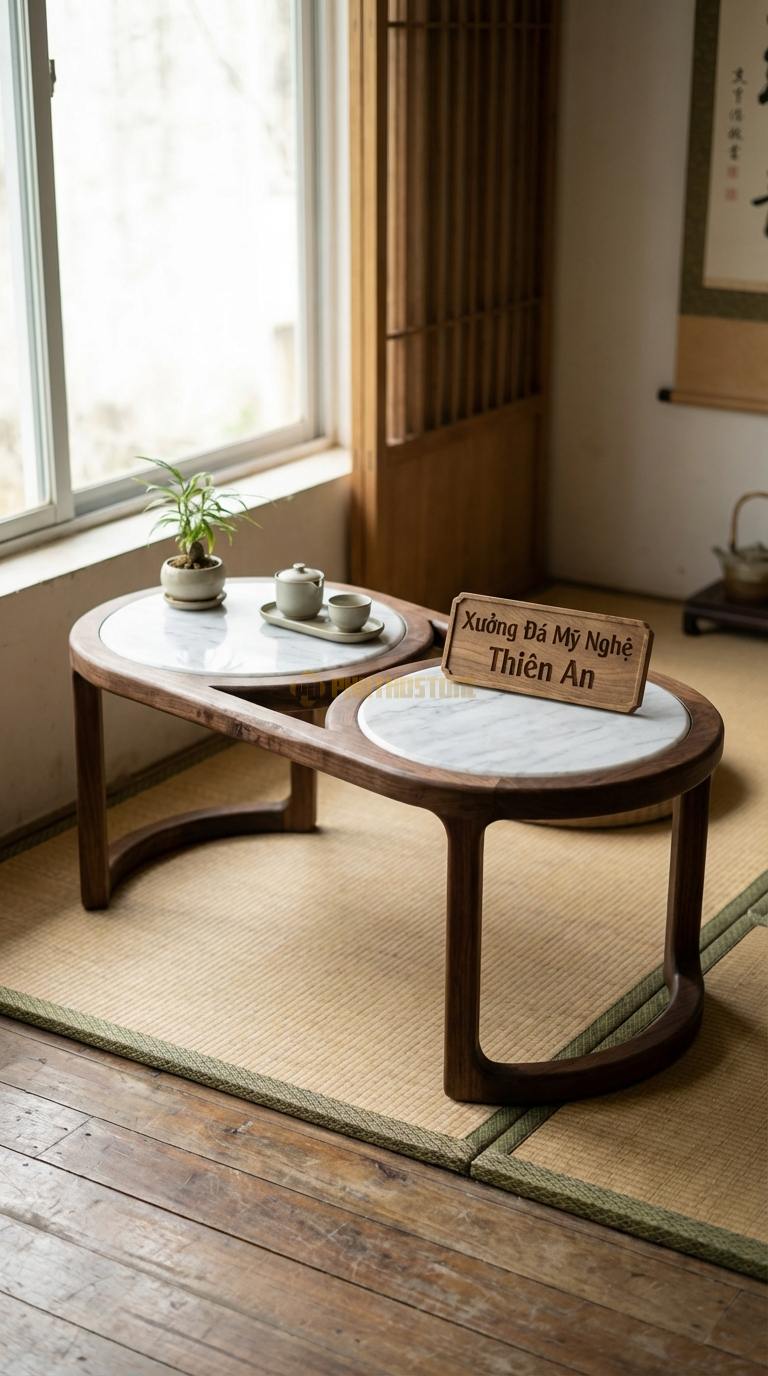 Bàn Trà Mặt Đá Chân Gỗ Tối Giản Đá Trắng Yên Bái Song Hành: Hai mặt đá tròn nhỏ đặt trên khung gỗ uốn cong 90cm x 50cm x 45cm