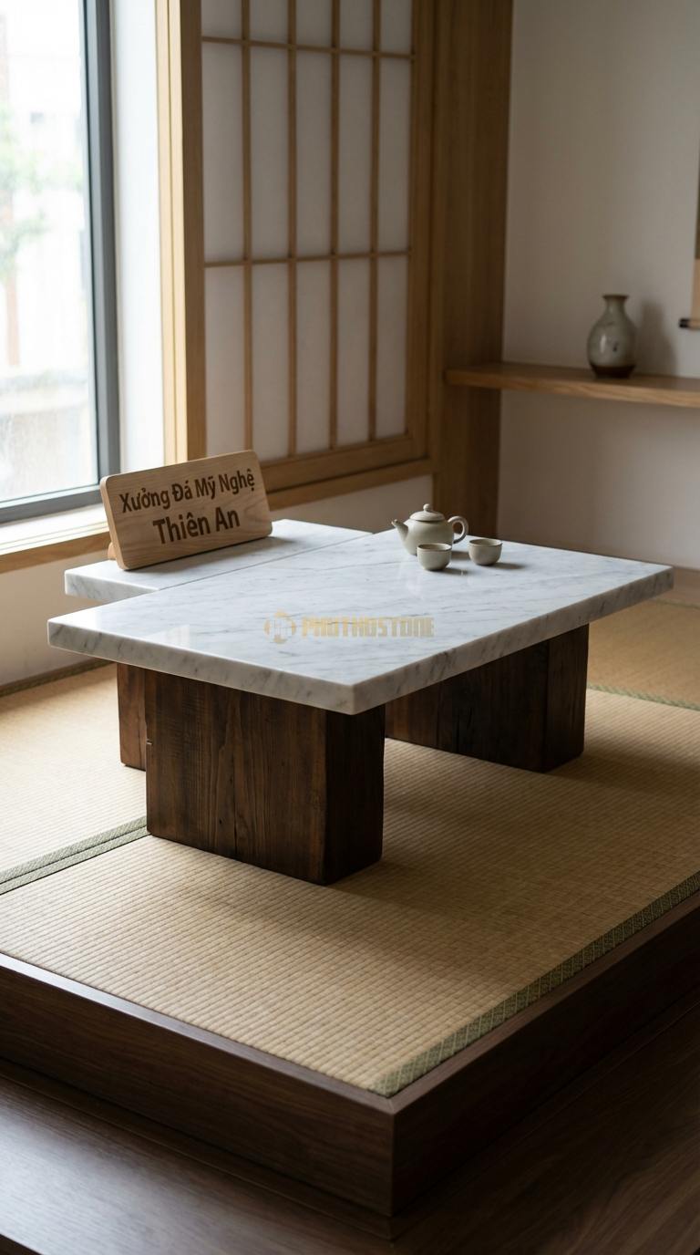 Bàn Trà Mặt Đá Chân Gỗ Tối Giản Đá Trắng Yên Bái Tối Giản: Một tấm đá phẳng đặt trực tiếp lên hai khối gỗ vuông lớn 120cm x 60cm x 30cm