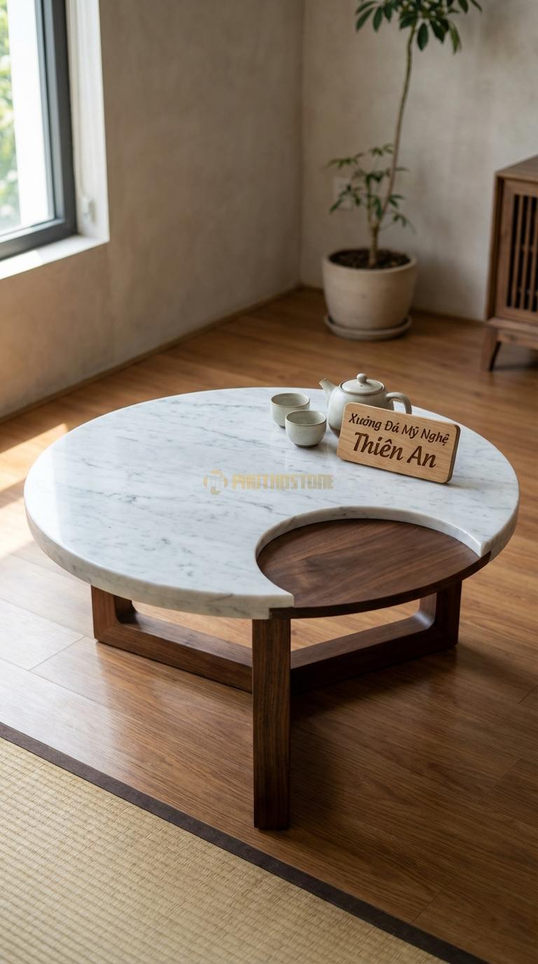 Bàn Trà Mặt Đá Chân Gỗ Tối Giản Đá Trắng Yên Bái Vầng Trăng Khuyết: Mặt đá tròn cắt khuyết một phần lồng gỗ Đường kính 80cm x 40cm