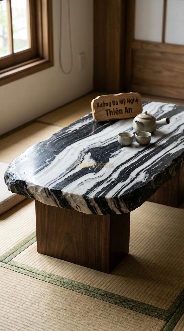 Bàn Trà Mặt Đá Chân Gỗ Tối Giản Đá Tuyết Sơn Tối Giản: Một tấm đá phẳng đặt trực tiếp lên hai khối gỗ vuông lớn 120cm x 60cm x 30cm