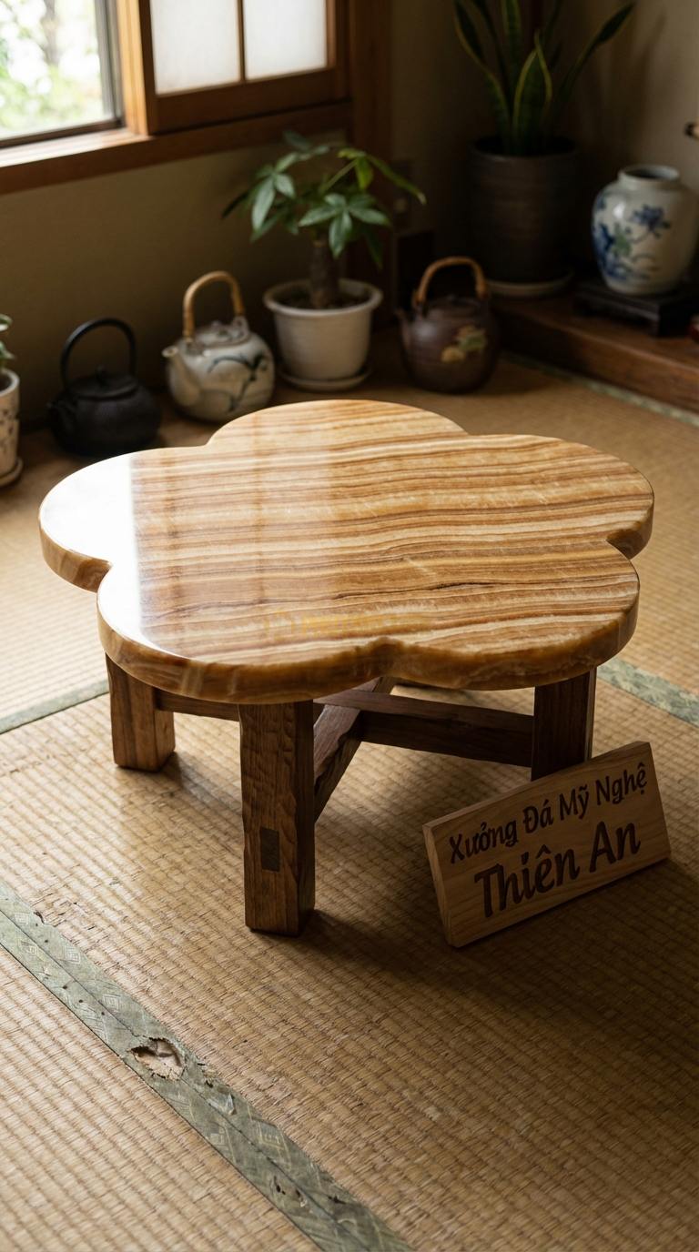 Bàn Trà Mặt Đá Chân Gỗ Tối Giản Đá Vân Gỗ Cánh Hoa Mộc: Mặt đá tạo hình 5 cánh bo tròn, chân gỗ thấp Đường kính 85cm x 32cm