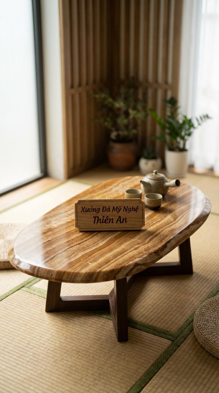 Bàn Trà Mặt Đá Chân Gỗ Tối Giản Đá Vân Gỗ Giọt Sương: Hình dáng giọt nước không đối xứng, mặt đá mài mịn 100cm x 70cm x 38cm