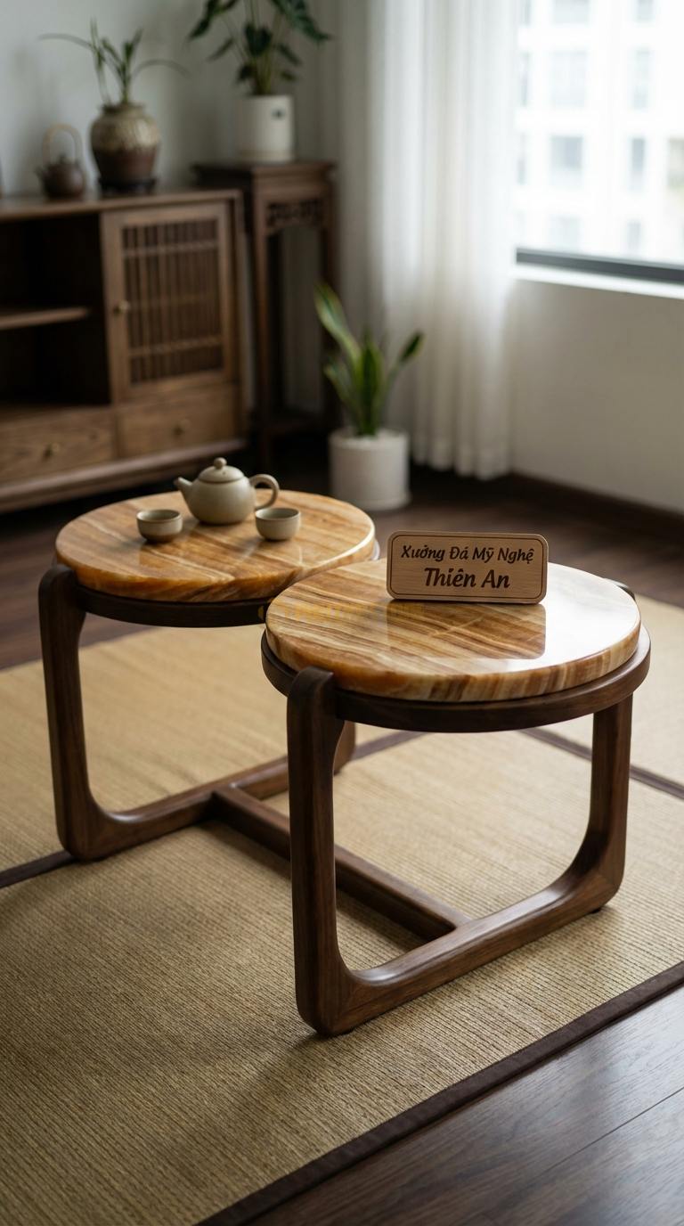 Bàn Trà Mặt Đá Chân Gỗ Tối Giản Đá Vân Gỗ Song Hành: Hai mặt đá tròn nhỏ đặt trên khung gỗ uốn cong 90cm x 50cm x 45cm
