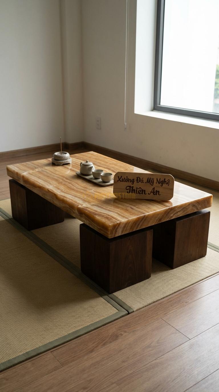 Bàn Trà Mặt Đá Chân Gỗ Tối Giản Đá Vân Gỗ Tối Giản: Một tấm đá phẳng đặt trực tiếp lên hai khối gỗ vuông lớn 120cm x 60cm x 30cm