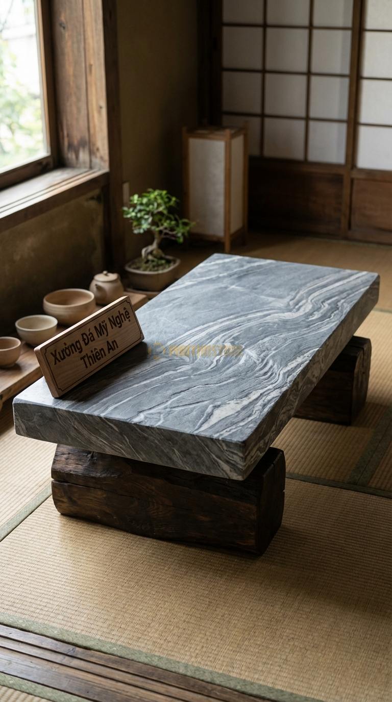 Bàn Trà Mặt Đá Chân Gỗ Tối Giản Đá Vân Mây Tối Giản: Một tấm đá phẳng đặt trực tiếp lên hai khối gỗ vuông lớn 120cm x 60cm x 30cm