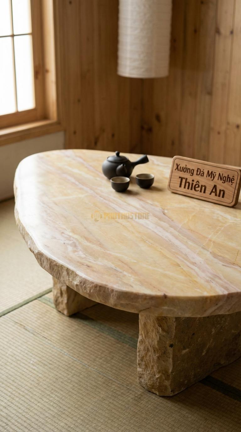 Bàn Trà Mặt Đá Chân Gỗ Tối Giản Đá Vàng Nghệ An Giọt Sương: Hình dáng giọt nước không đối xứng, mặt đá mài mịn 100cm x 70cm x 38cm