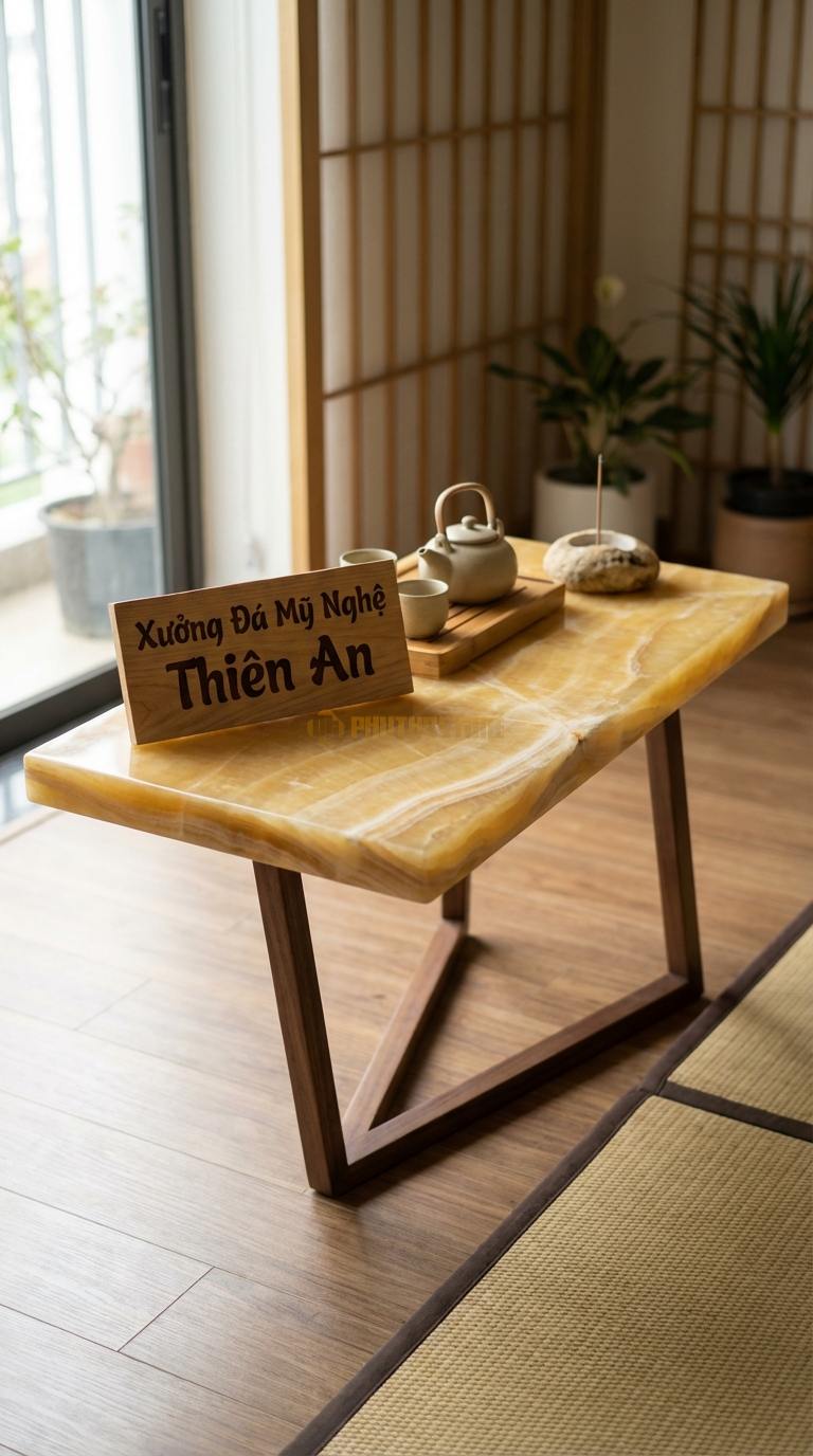 Bàn Trà Mặt Đá Chân Gỗ Tối Giản Ngọc hoàng long Bình Yên: Mặt đá mỏng kết hợp chân gỗ hình chữ V tối giản 110cm x 55cm x 42cm