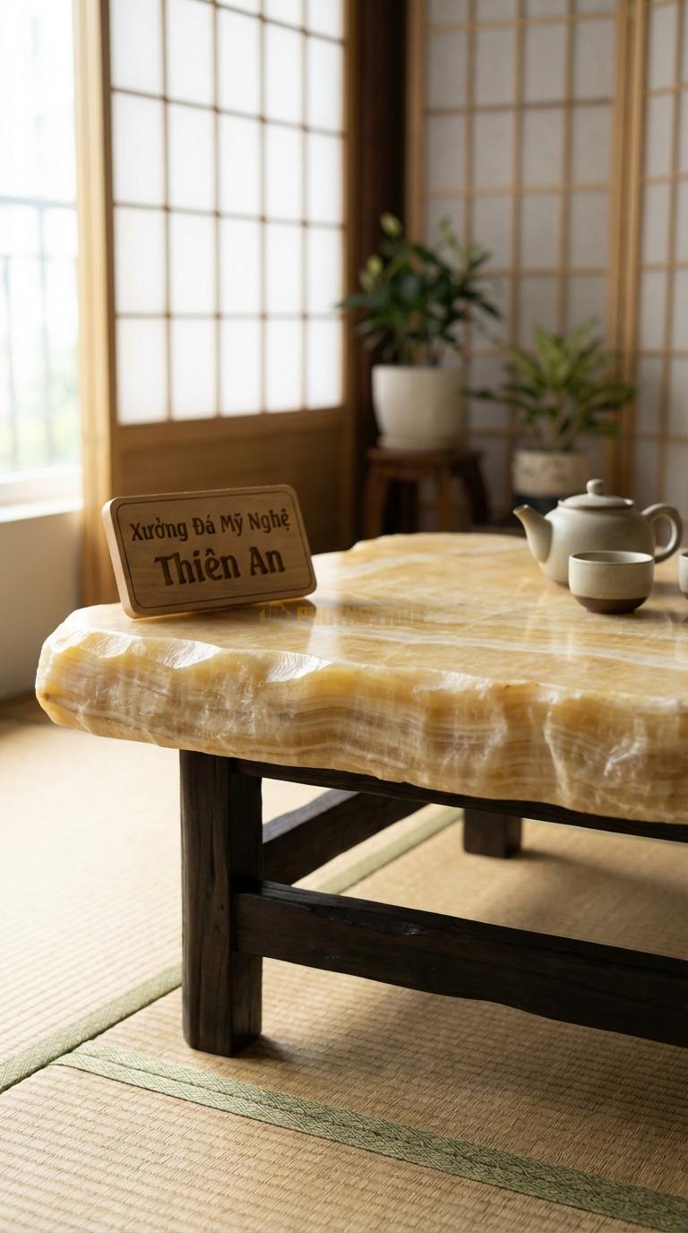 Bàn Trà Mặt Đá Chân Gỗ Tối Giản Ngọc hoàng long Mộc Thạch: Mặt đá đẽo gọt thô sơ viền quanh bởi khung gỗ tự nhiên 95cm x 95cm x 34cm